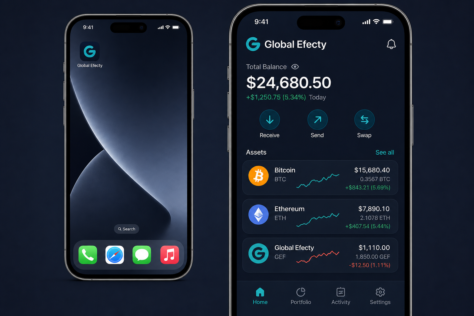 Aplicación Global Efecty mostrando balance de criptomonedas en iPhone